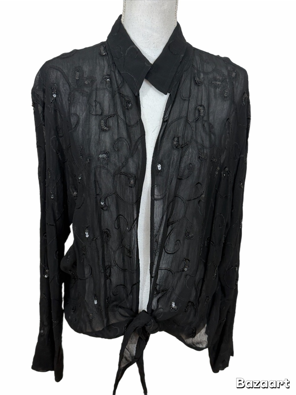 Chicos Sheer Sequin Tie Front Blouse Black Long Sleeve Women’s Size 3 (XL-16) - Picture 2 of 6